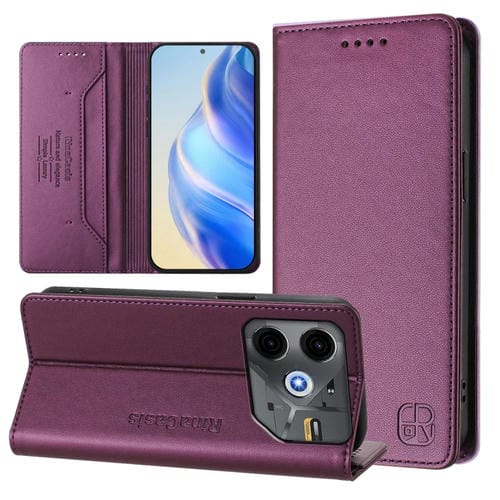 Funda de Cuero Rfid para Tecno Pova 6 Neo Rc01 con Doble Pliegue y Succión Magnética (Violeta)