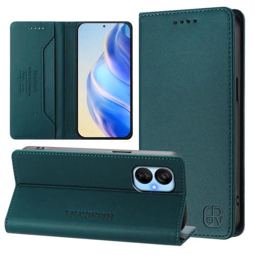 Funda de Cuero Rfid para Tecno Spark 9T/9 Pro Rc01 con Doble Pliegue y Succión Magnética (Verde Oscuro)