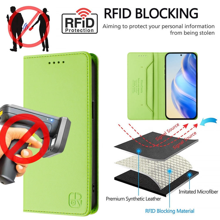 Funda de Cuero Rfid para Teléfono Itel A05S Rc01 con Doble Pliegue y Succión Magnética (Verde Hierba)