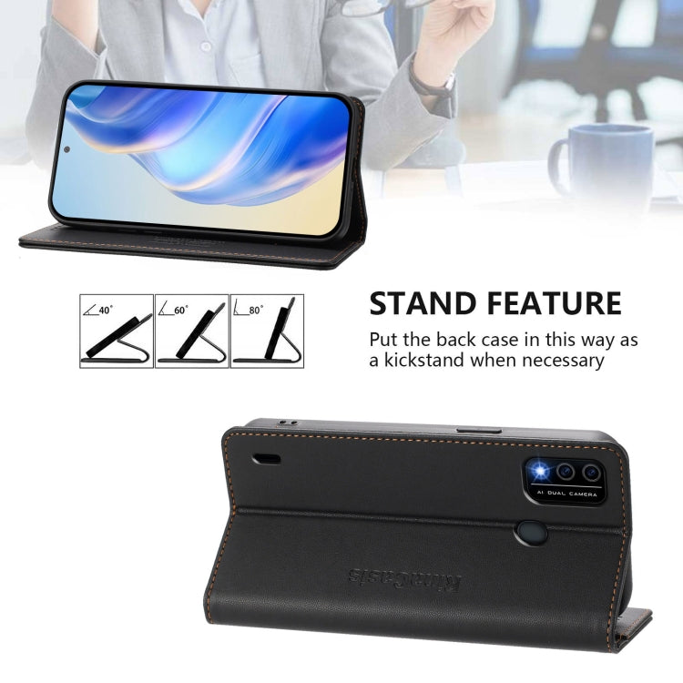 Funda de Cuero Rfid para Teléfono Itel A48 Rc01 con Doble Pliegue y Succión Magnética (Negra)