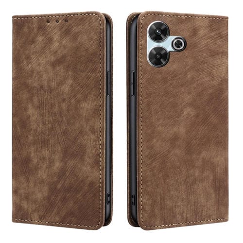 Funda de Cuero Magnética con Cepillo Antirrobo Rfid para Redmi 13 4G (Marrón)