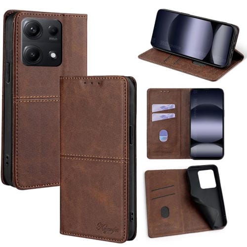 Funda magnética de cuero con textura de vaca para Redmi Note 14S 4G (marrón oscuro)