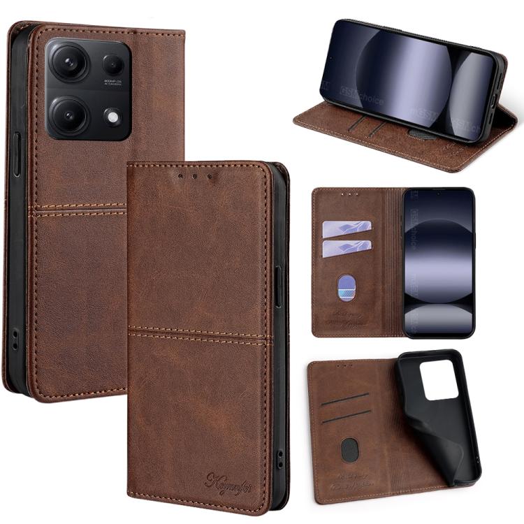 Funda magnética de cuero con textura de vaca para Redmi Note 14S 4G (marrón oscuro)