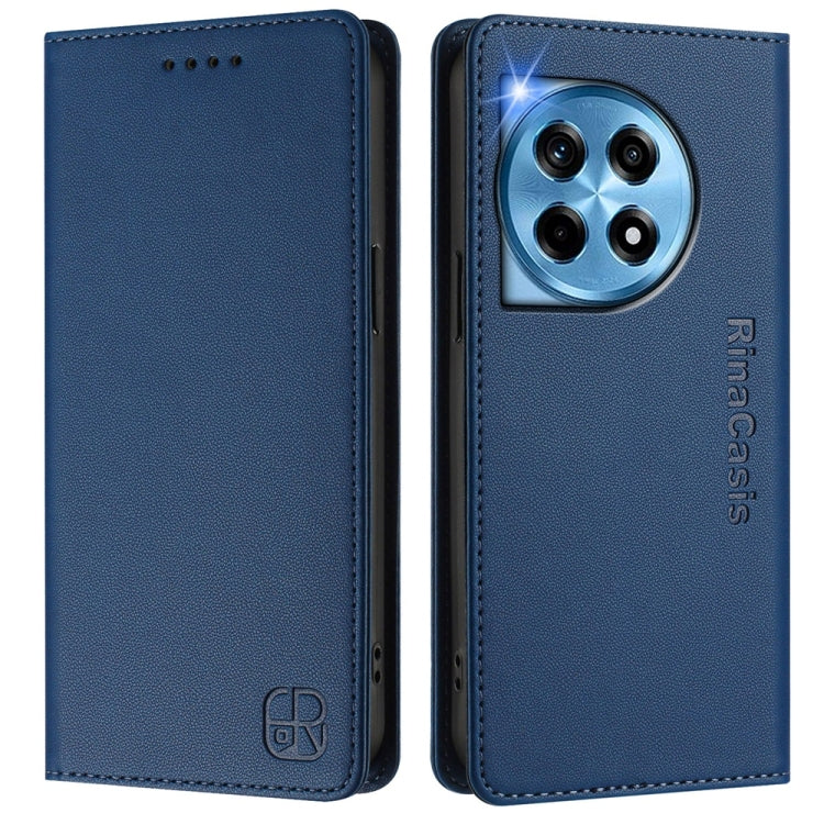 Funda de Cuero con Doble Pliegue y Succión Magnética RFID para OnePlus 12R Rc01 (Azul Oscuro)