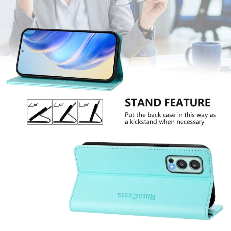 Funda de Cuero con Doble Pliegue y Succión Magnética RFID para OnePlus Nord 2 5G Rc01 (Verde Menta)