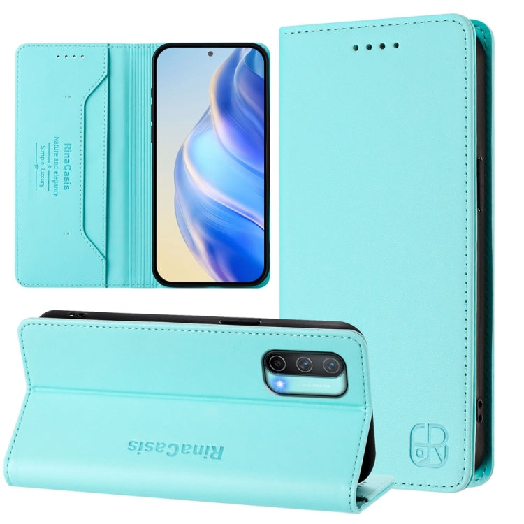 Funda de Cuero con Doble Pliegue y Succión Magnética Rfid para OnePlus Nord Ce 5G Rc01 (Verde Menta)