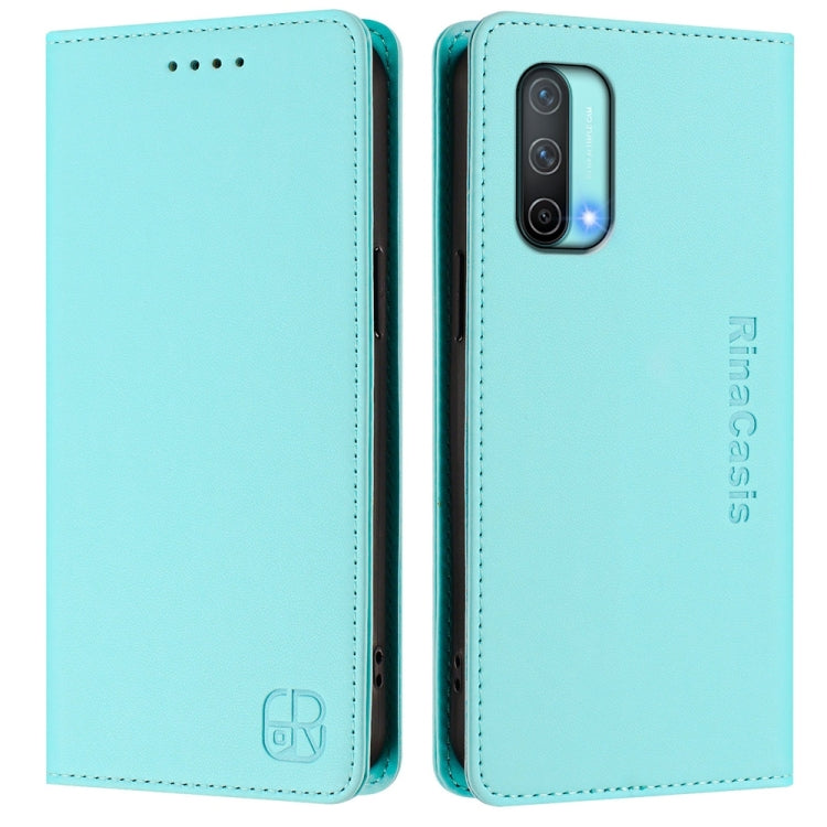 Funda de Cuero con Doble Pliegue y Succión Magnética Rfid para OnePlus Nord Ce 5G Rc01 (Verde Menta)