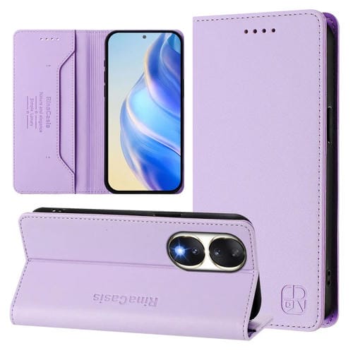 Funda de Cuero Rfid para Honor 90 Rc01 con Doble Pliegue y Succión Magnética (Morado Claro)