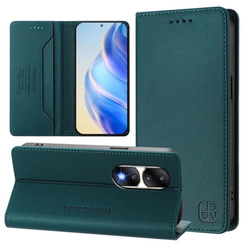 Funda de Cuero para Honor 90 Pro Rc01 con Doble Pliegue y Succión Magnética Rfid (Verde Oscuro)