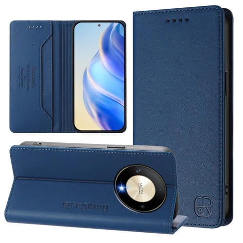 Funda de Cuero con Doble Pliegue y Succión Magnética Rfid para Honor X9B y Magic6 Lite 5G (Azul Oscuro)