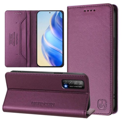 Funda de Cuero con Doble Pliegue y Succión Magnética Rfid para Huawei Enjoy 20 Se/Huawei Y7A Rc01 (Violeta)