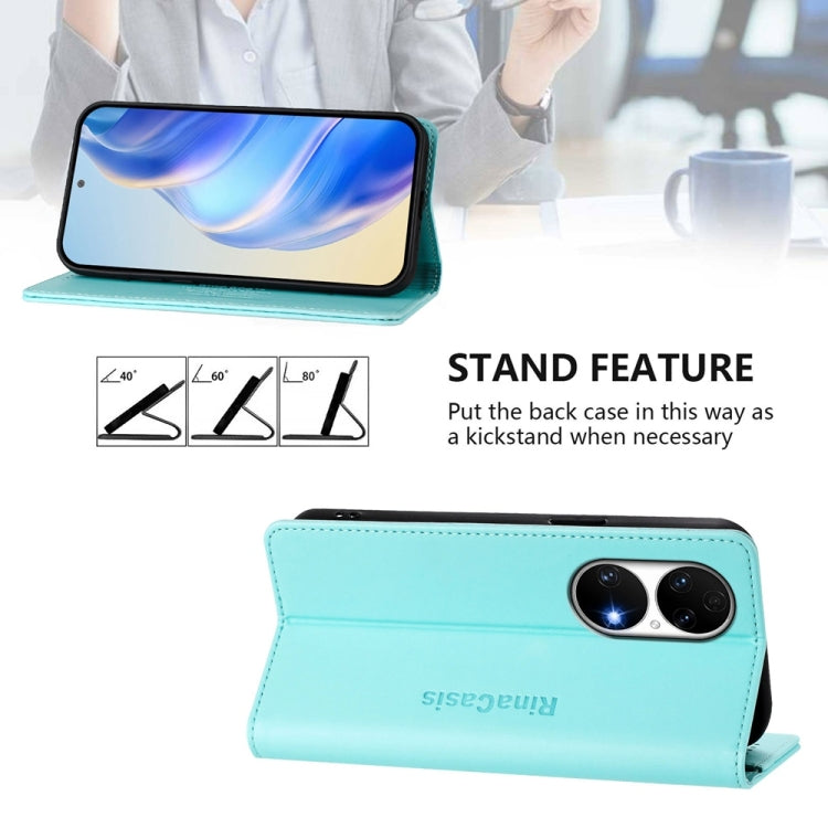 Funda de Cuero con Doble Pliegue y Succión Magnética Rfid para Huawei P50 Rc01 (Verde Menta)