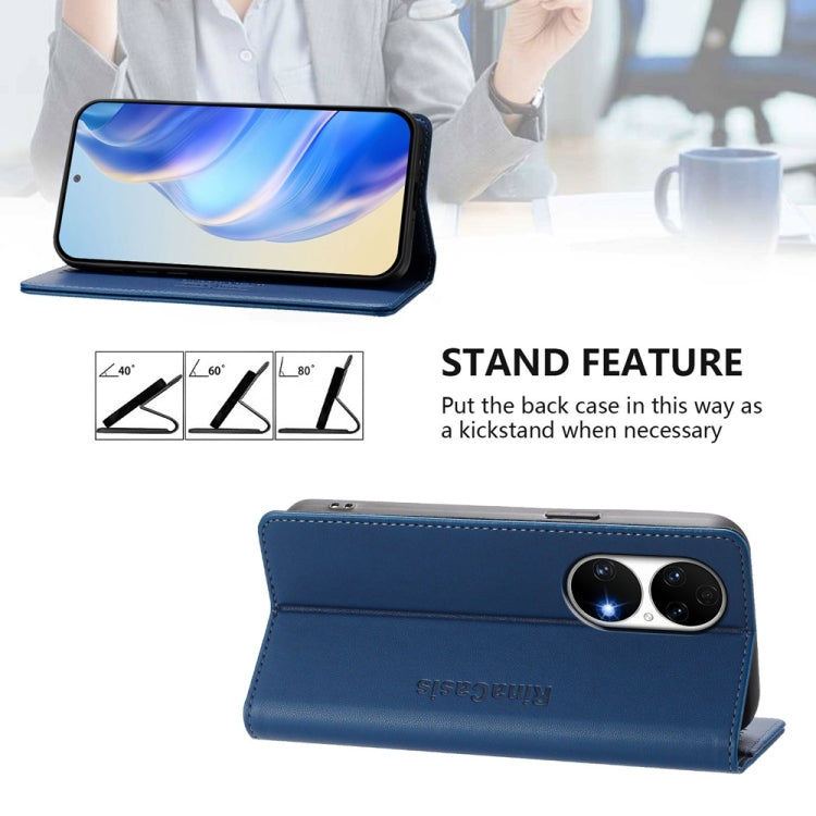 Funda de Cuero con Doble Pliegue y Succión Magnética Rfid para Huawei P50 Rc01 (Azul Oscuro)