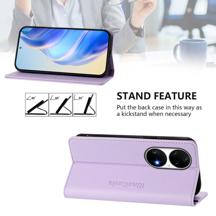 Funda de Cuero Huawei P50 Pro Rc01 con Doble Pliegue y Succión Magnética (Morado Claro)