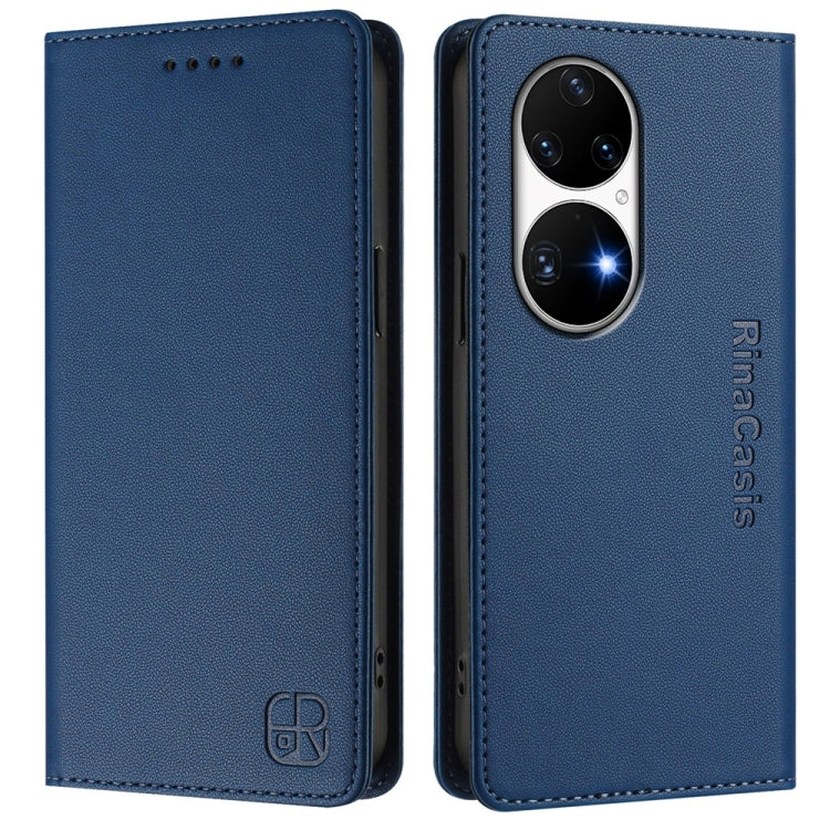 Funda de Cuero para Huawei P50 Pro Rc01 con Doble Pliegue y Succión Magnética (Azul Oscuro)
