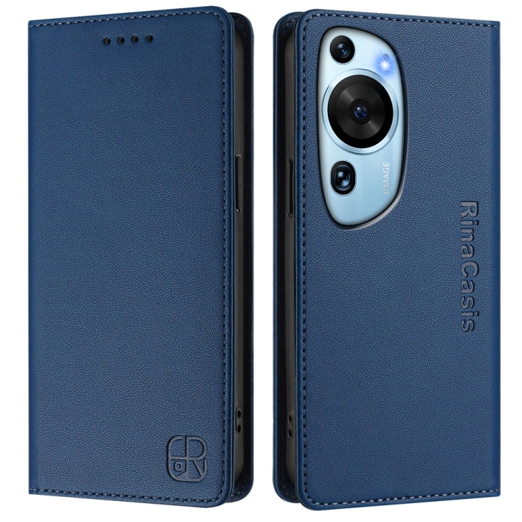 Funda de Cuero para Huawei P60 Art Rc01 con Doble Pliegue y Succión Magnética Rfid (Azul Oscuro)