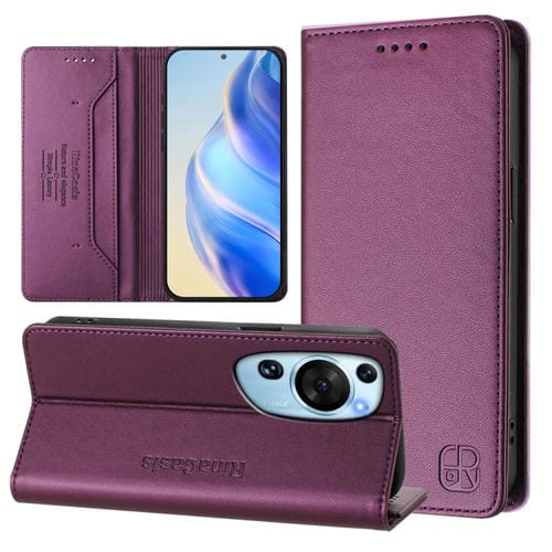 Funda de Cuero con Doble Pliegue y Succión Magnética RFID para Huawei P60 Art Rc01 (Violeta)