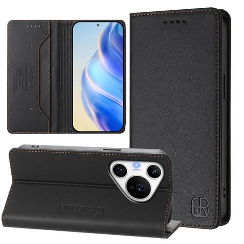 Funda de Cuero Huawei Pura 70 Pro/Pura 70 Pro+ Rc01 con Doble Pliegue y Succión Magnética (Negra)