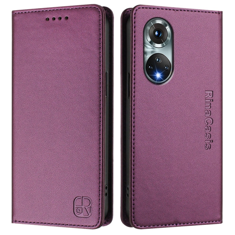 Funda de Cuero con Doble Pliegue y Succión Magnética RFID para Huawei Nova 9 Rc01 (Violeta)