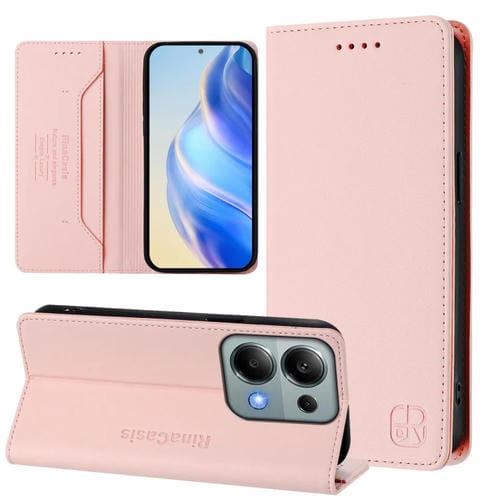 Funda de Cuero con Doble Pliegue y Succión Magnética para Redmi Note 13 Pro 4G Global Rc01 (Rosa)