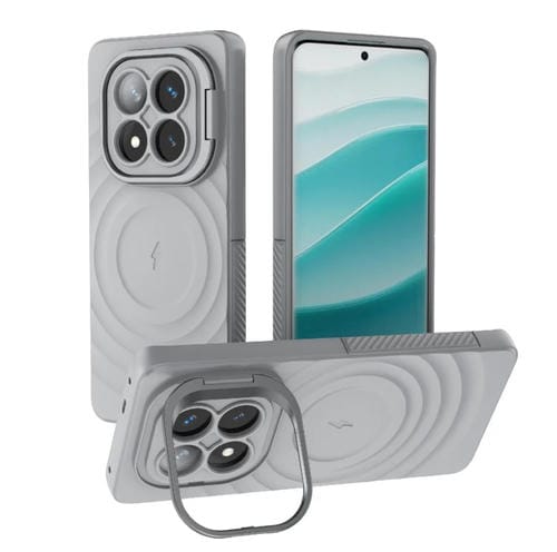 Estuche para Teléfono con Soporte de Marco de Lente Corrugado Magsafe para Redmi Note 14 Pro+ 5G (Gris)