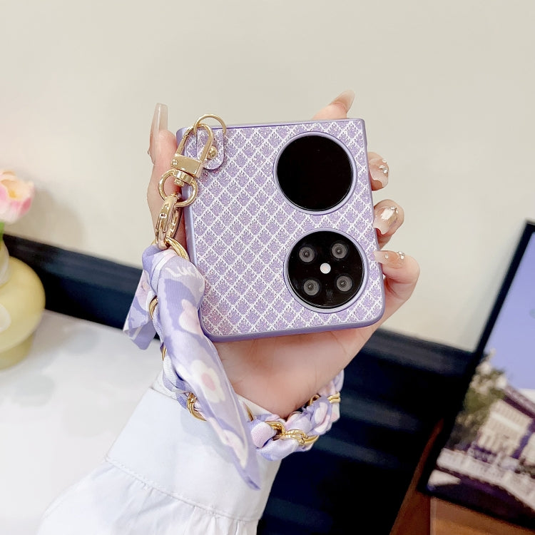 Funda para Teléfono Huawei P50 Pocket con Diseño de Rombos y Diamantes y Pulsera de Seda (Morado)