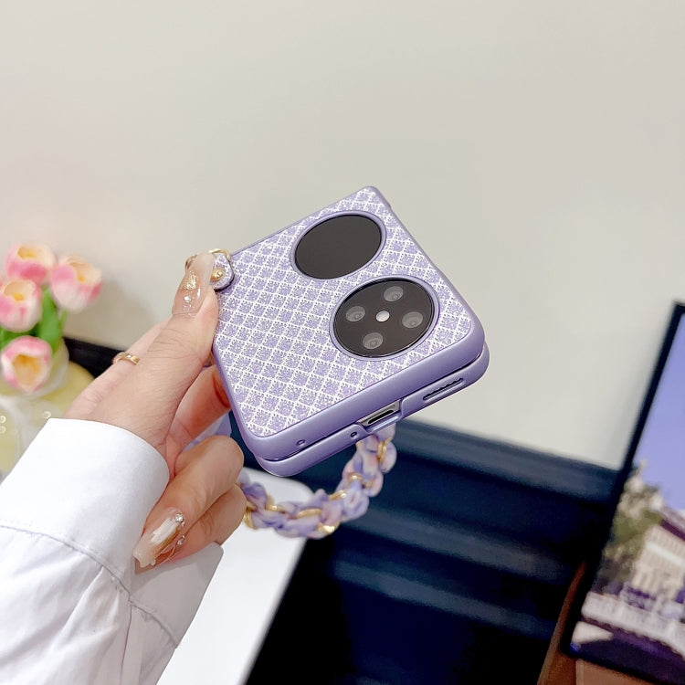 Funda para Teléfono Huawei P50 Pocket con Diseño de Rombos y Diamantes y Pulsera de Seda (Morado)
