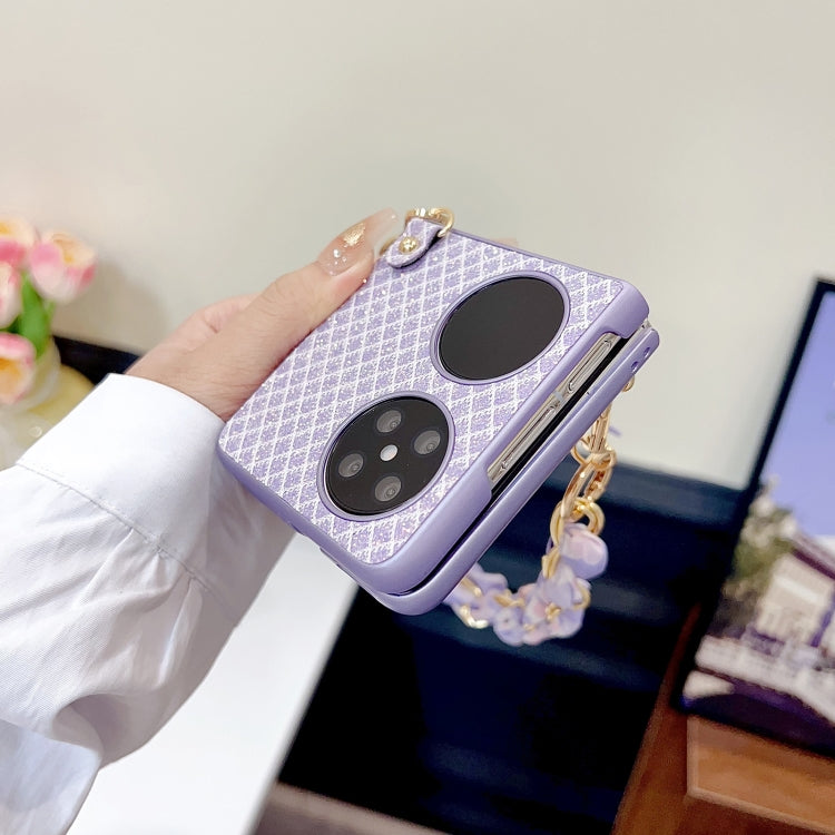 Funda para Teléfono Huawei P50 Pocket con Diseño de Rombos y Diamantes y Pulsera de Seda (Morado)