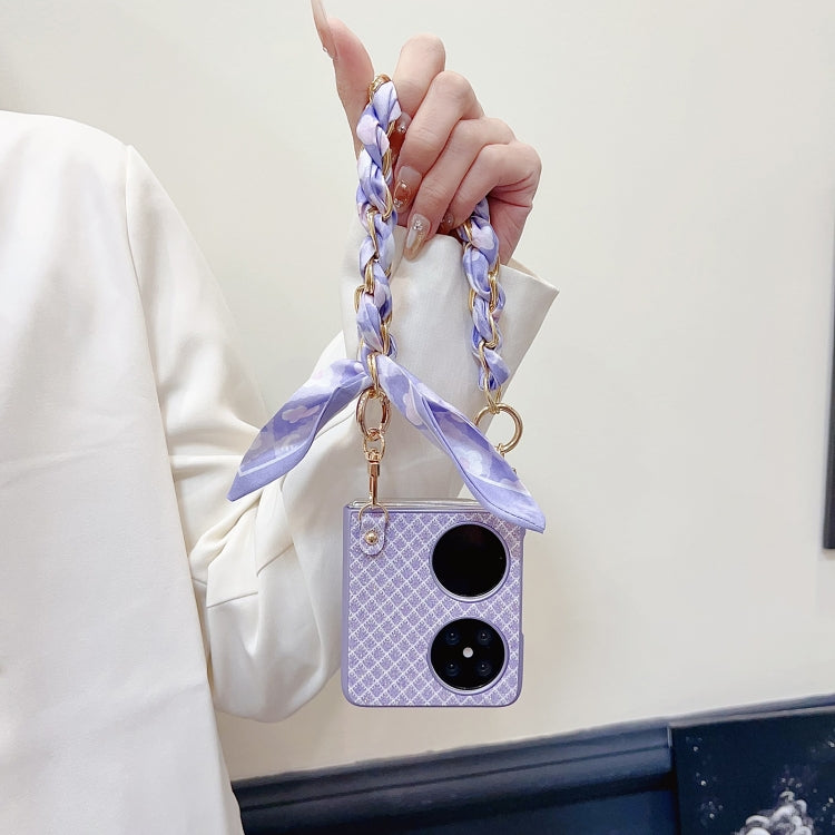 Funda para Teléfono Huawei P50 Pocket con Diseño de Rombos y Diamantes y Pulsera de Seda (Morado)