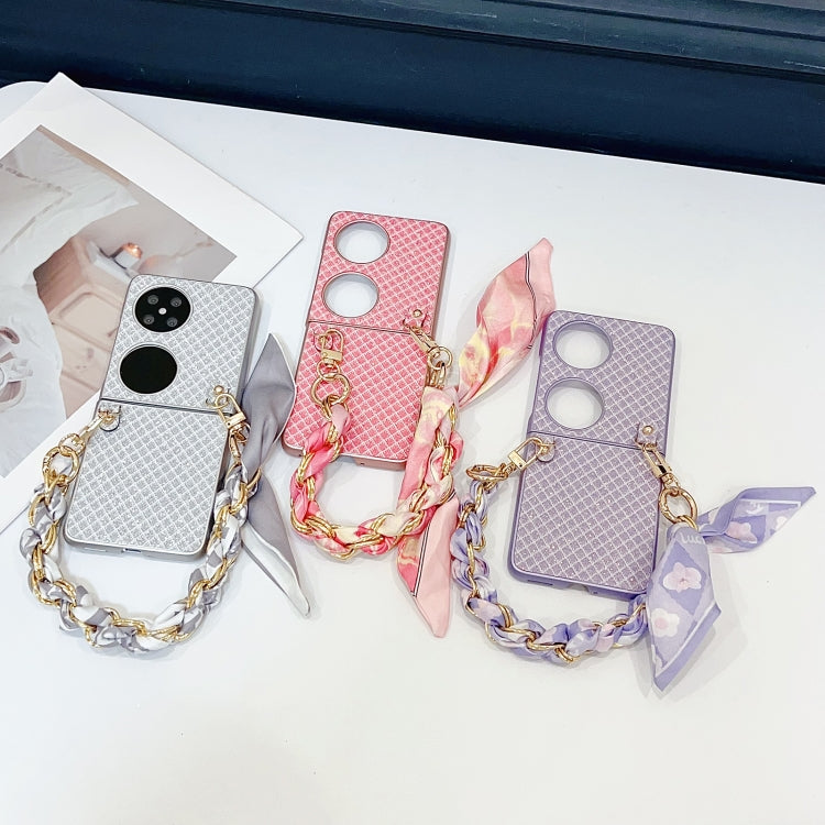 Funda para Teléfono Huawei P50 Pocket con Diseño de Rombos y Diamantes y Pulsera de Seda (Morado)