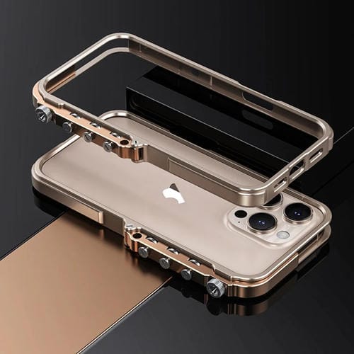 Funda para teléfono iPhone 15 Pro Max marco metálico aleación aluminio armadura mecánica (Dorado)