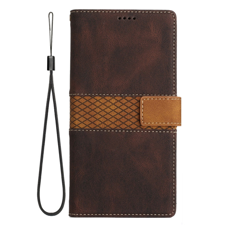 Funda de Cuero para iPhone 16E con Costuras de Cuadrícula y Cordón (Marrón)