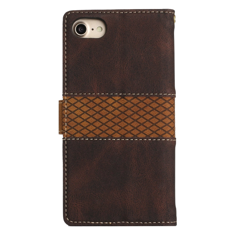 Funda de Cuero para iPhone 16E con Costuras de Cuadrícula y Cordón (Marrón)