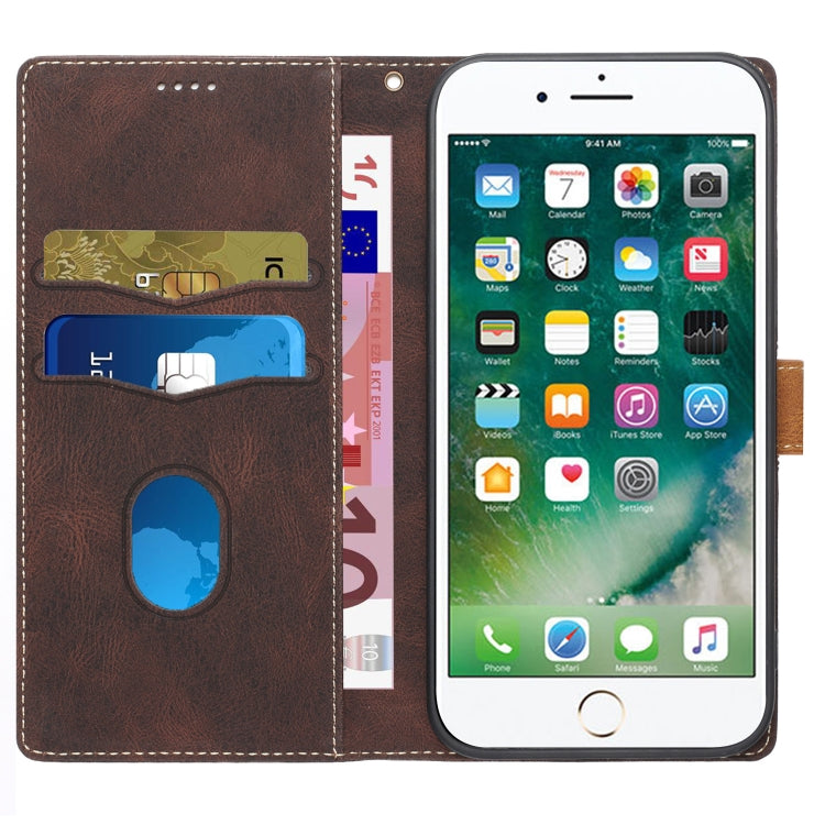 Funda de Cuero para iPhone 16E con Costuras de Cuadrícula y Cordón (Marrón)
