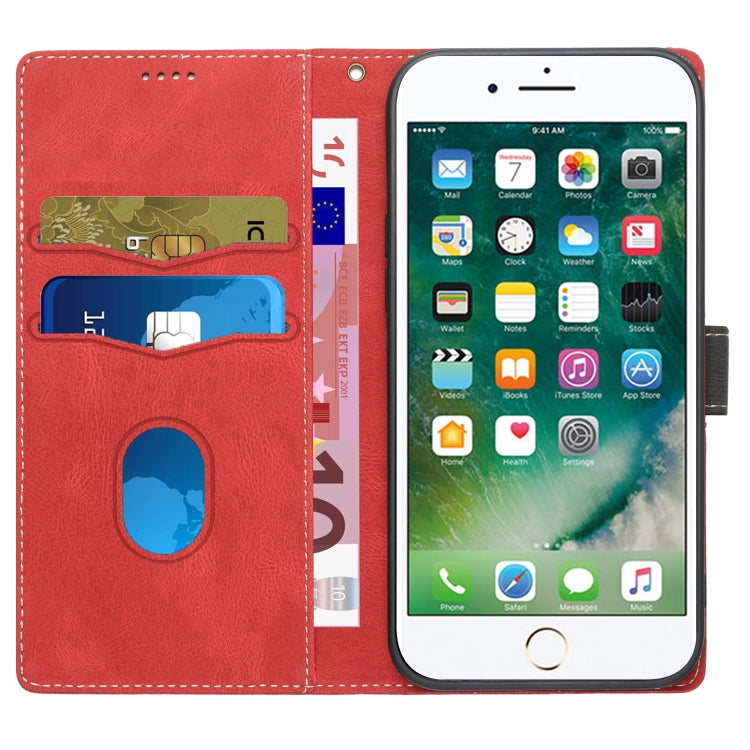 Funda de Cuero para iPhone 16E con Costuras En Cuadrícula y Cordón (Rojo)
