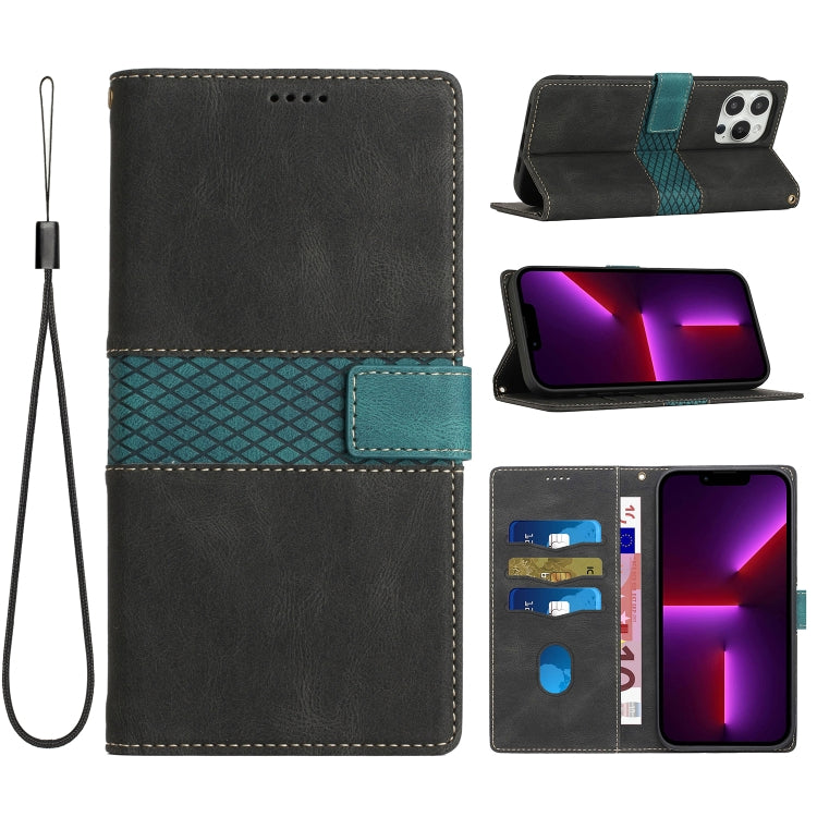 Funda Cuero iPhone 14 Pro Costuras Cuadrícula con Cordón (Negro)