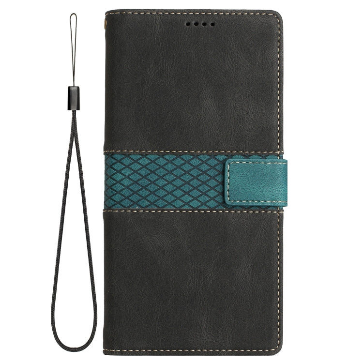 Funda Cuero iPhone 14 Pro Costuras Cuadrícula con Cordón (Negro)