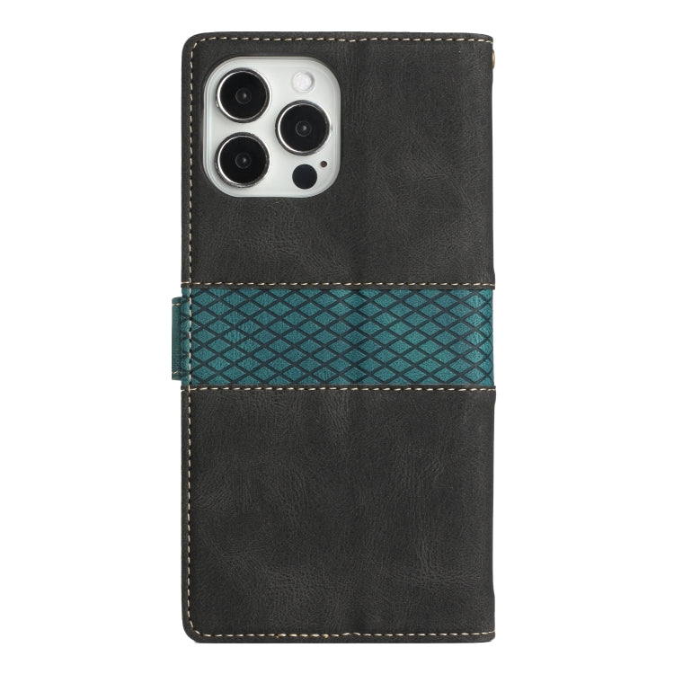 Funda Cuero iPhone 14 Pro Costuras Cuadrícula con Cordón (Negro)