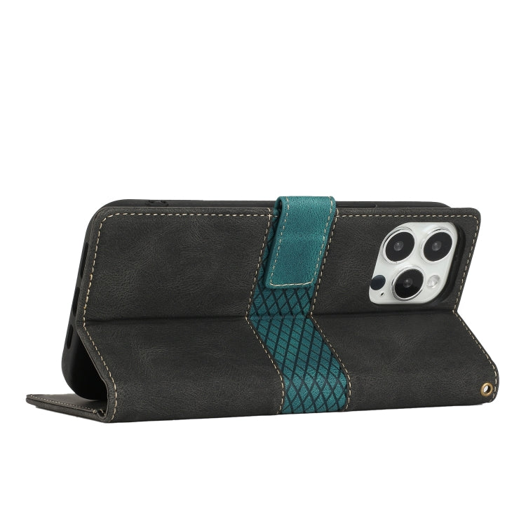 Funda Cuero iPhone 14 Pro Costuras Cuadrícula con Cordón (Negro)