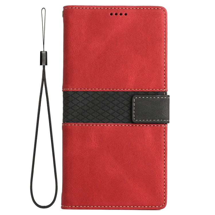 Funda Cuero con Costuras de Cuadrícula para iPhone 14 Pro Max con Cordón (Rojo)