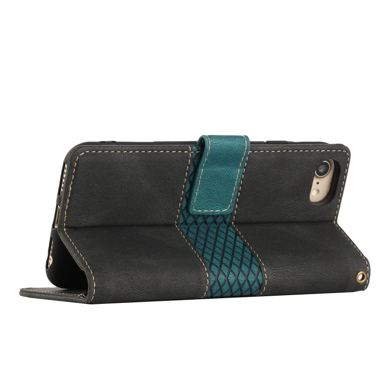 Funda de Cuero para iPhone Se 2022/2020 con Costuras de Cuadrícula y Cordón (Negro)