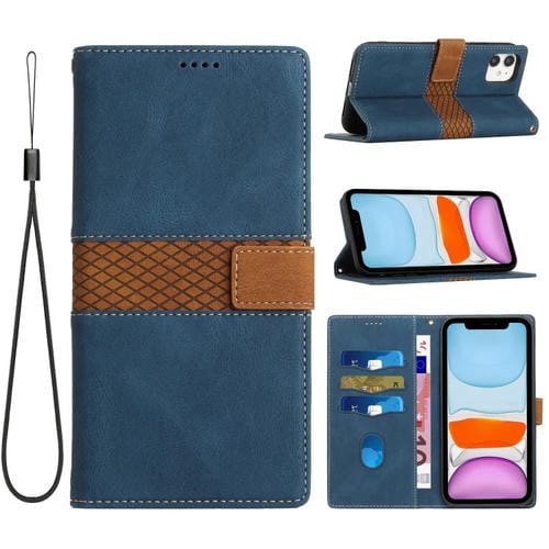 Funda de Cuero para iPhone 11 con Costuras en Cuadrícula y Cordón (Azul)