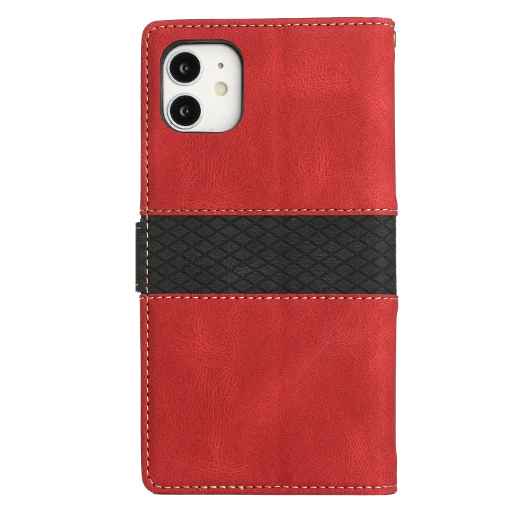 Funda para iPhone 11 de Cuero con Costuras en Cuadrícula y Cordón (Rojo)