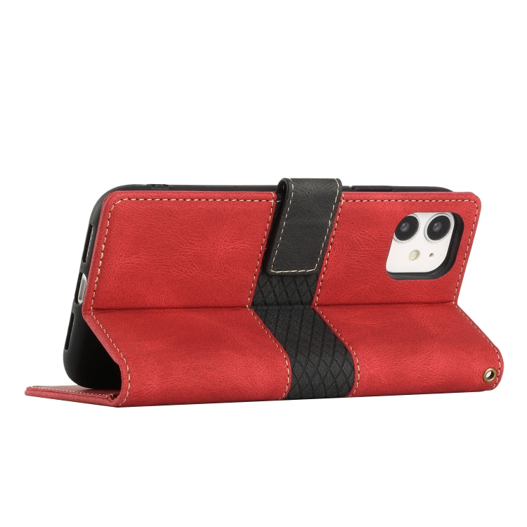 Funda para iPhone 11 de Cuero con Costuras en Cuadrícula y Cordón (Rojo)