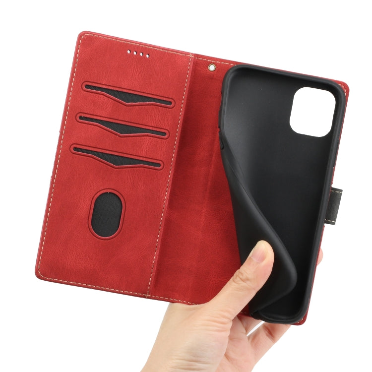 Funda para iPhone 11 de Cuero con Costuras en Cuadrícula y Cordón (Rojo)