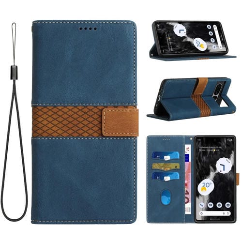 Funda de Cuero para Google Pixel 7 Pro con Costuras en Cuadrícula y Cordón (Azul)
