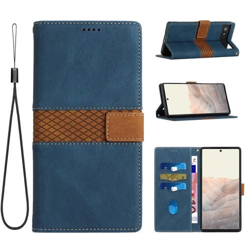 Funda de Cuero con Costuras en Cuadrícula para Google Pixel 6A con Cordón (Azul)