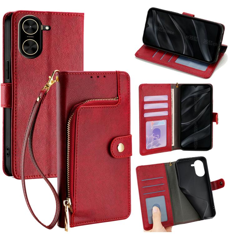 Funda de cuero con cremallera para Redmi A5 4G (171,7 mm) (Roja)