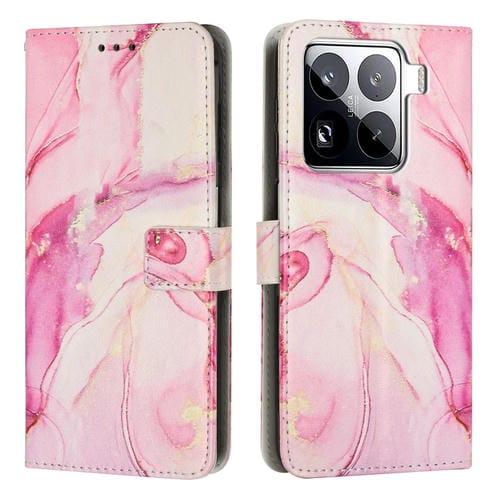 Funda De Cuero Con Patrón De Mármol Pintado Para Teléfono Xiaomi 15 Pro (Oro Rosa)