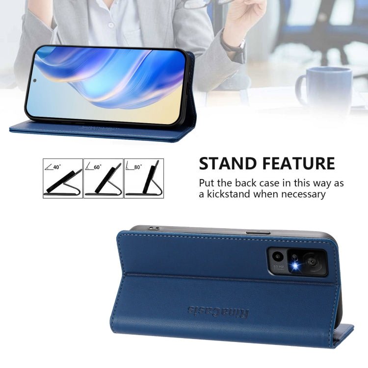 Funda de Cuero con Doble Pliegue y Succión Magnética RFID para TCL 40 R 5G Rc01 (Azul Oscuro)